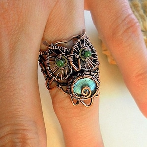 Steampunk owl ring, steampunk jewelry, wire wrap owl ring, copper owl jewelry, owl gift, handmade ring, adjustable ring, valentines gift image 1