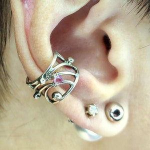 Silver ear cuff with pink sapphire, space ear cuff with orbits, planets, and moving sun, silver cuff- clip, earring without ear piercing