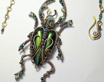 Beetle Pendant, wire wrap scarab jewelry, Insect jewelry. unique beetle pendant. scarab pendant, green scarab beetle, gift for her