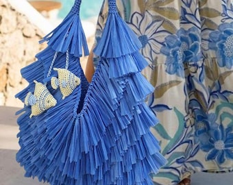 Crocheted Raffia Tote Bag with Fringe, Roomy Beach Vacation Accessory