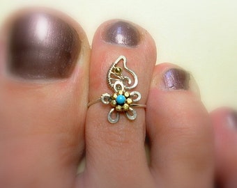 Flower toe ring, Silver ring, turquoise ring, adjustable ring, Beach Fashion, Knuckle Ring, Foot Jewelry, Summer Body Jewelry, gift for her