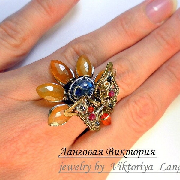Butterfly Ring, Silver Flower Ring, sunflower ring, floral ring, unique ring, insect jewelry, adjustable ring, size on request, gift for her