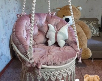 Macrame Hanging Hammock Chair, Pink Cushions, Butterfly Pillow