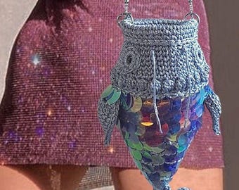 Luxurious small crochet silver fish bag, with bright colorful iridescent sequin scales, Wearable Art Statement Purse | Fish Shaped Bag Gift