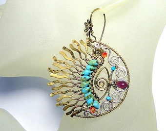 Wire Wrapped Brass Earrings, Turquoise & Crystal Boho Jewelry
