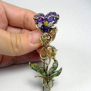 Unique handmade Pansy Brooch, Wire wrapped floral brooch, purple amethyst brooch, Art Nouveau Pansy brooch, pansy scarf pin,purple Pansy pin image 6