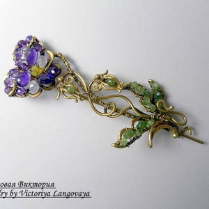 Unique handmade Pansy Brooch, Wire wrapped floral brooch, purple amethyst brooch, Art Nouveau Pansy brooch, pansy scarf pin,purple Pansy pin image 4