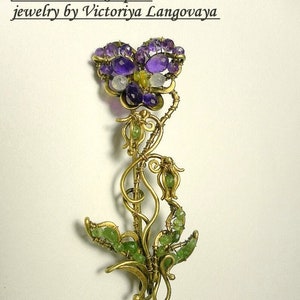 Unique handmade Pansy Brooch, Wire wrapped floral brooch, purple amethyst brooch, Art Nouveau Pansy brooch, pansy scarf pin,purple Pansy pin image 1