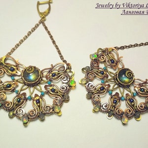 Earrings wire wrap jewelry, large boho earrings, unique earrings, labradorite earrings, bright earrings, dangle earrings, gift for her