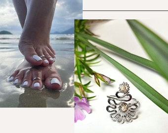Anillo de dedo de flor, anillo de dedo de plata, anillo Boho Tiny, anillo ajustable, moda de playa, anillo de nudillos, joyería corporal de verano, joyería de pies, rosa