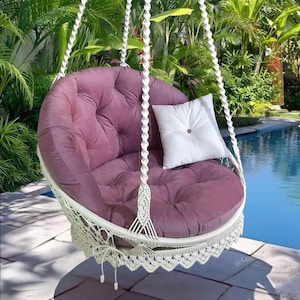 Hanging macramé chair-hammock, with a butterfly pattern on the back, and with a short openwork edging, large pillows, Outdoor Garden swing