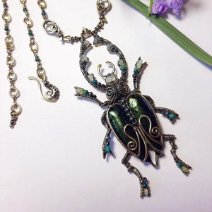 Beetle Pendant, wire wrap scarab jewelry, Insect jewelry. unique beetle pendant. scarab pendant, green scarab beetle, gift for her image 2