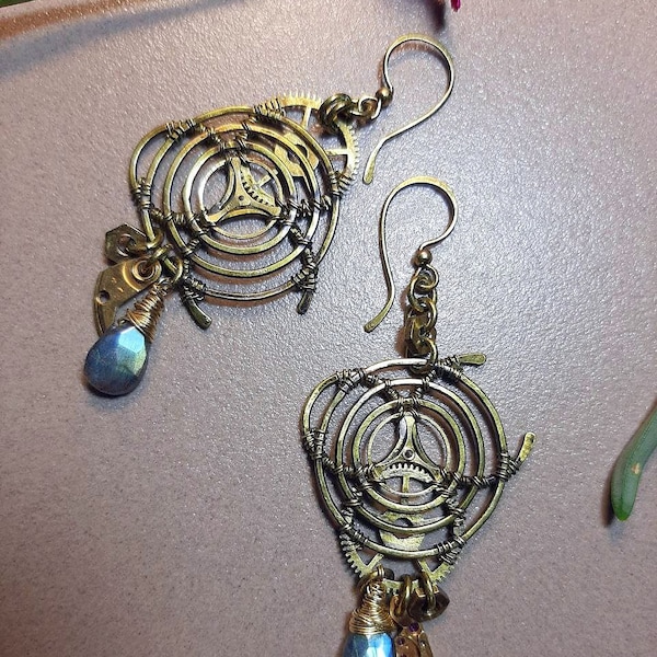 Earrings in steampunk style, with moonstones, or labradorite, steampunk gift