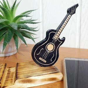 Guitar Phone Stand: Handmade Wooden Desk Organizer, Gift for Guitarist image 3