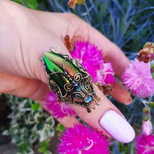 Spectacular Scarab Beetle ring, green natural beetle wings, unique ring, Insect jewelry. statement ring, gift for her, size on request