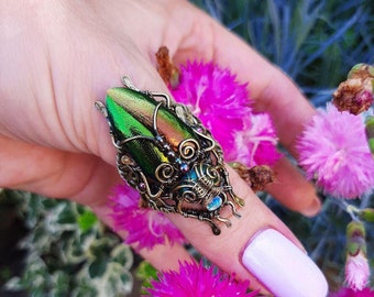 Spectacular Scarab Beetle ring, green natural beetle wings, unique ring, Insect jewelry. statement ring, gift for her, size on request