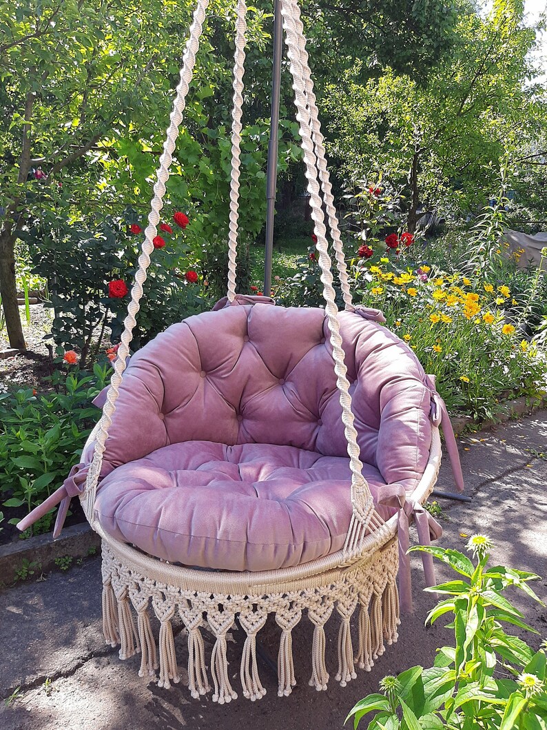 Hanging Macrame Chair Swing Handmade With Cushions Macrame Etsy