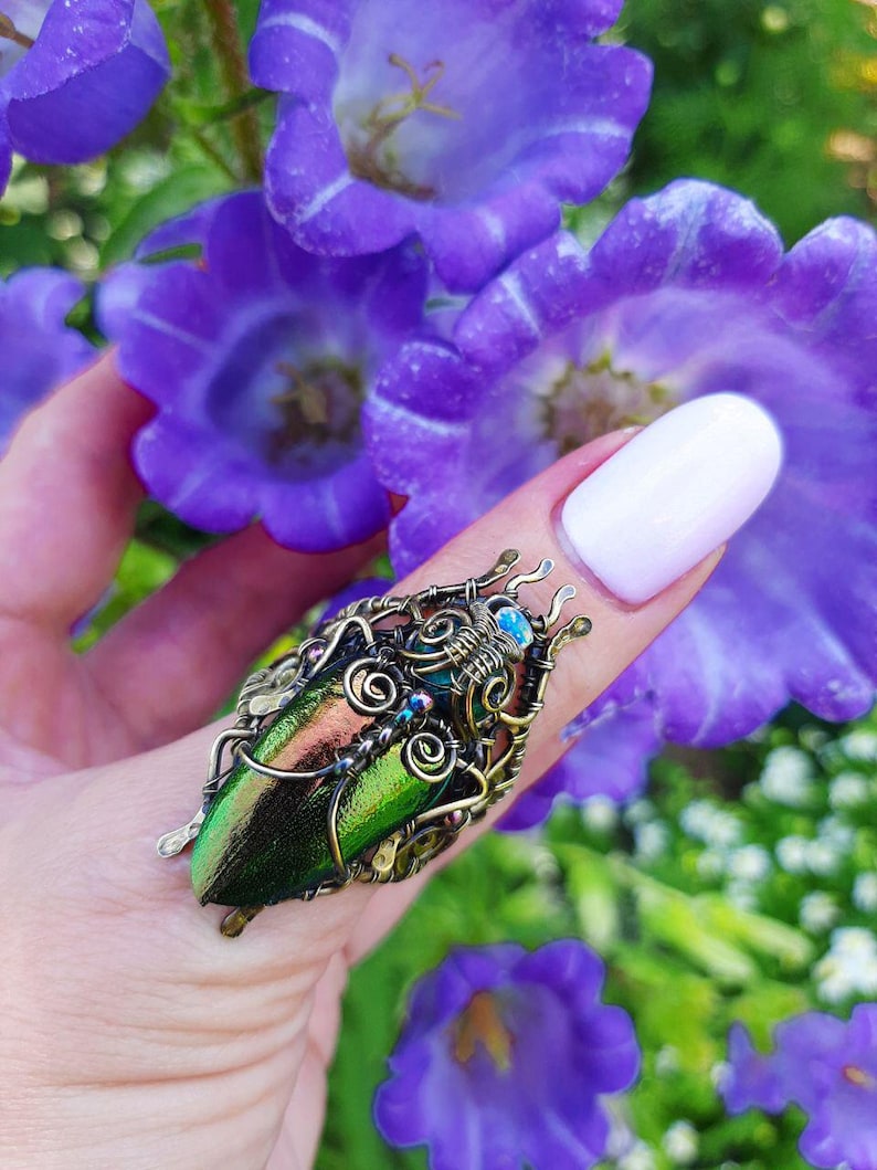 May include: A unique ring featuring a large, iridescent green beetle wing set in an ornate, antique brass-colored wire frame. The ring is adorned with small blue and clear crystals. The background includes purple flowers.
