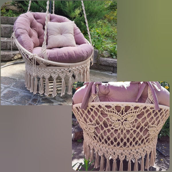 Chic hanging macrame swing chair, with butterflies on the back, Macrame swing, Macrame hammock, Hanging woven swing, Outdoor Garden swing