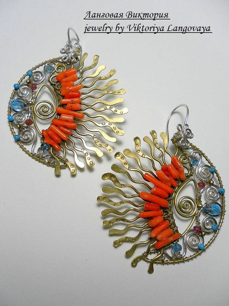 Large coral earrings with Topaz and turquoise, wire wrap earrings, gemstone unique earrings, colorful, boho earrings, valentines gift image 1