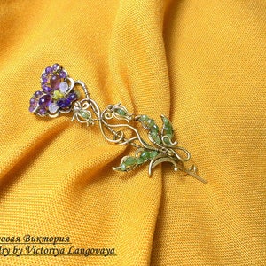 Unique handmade Pansy Brooch, Wire wrapped floral brooch, purple amethyst brooch, Art Nouveau Pansy brooch, pansy scarf pin,purple Pansy pin image 5