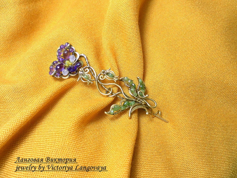 Unique handmade Pansy Brooch, Wire wrapped floral brooch, purple amethyst brooch, Art Nouveau Pansy brooch, pansy scarf pin,purple Pansy pin image 5