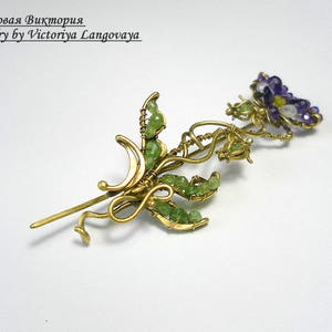 Unique handmade Pansy Brooch, Wire wrapped floral brooch, purple amethyst brooch, Art Nouveau Pansy brooch, pansy scarf pin,purple Pansy pin image 8