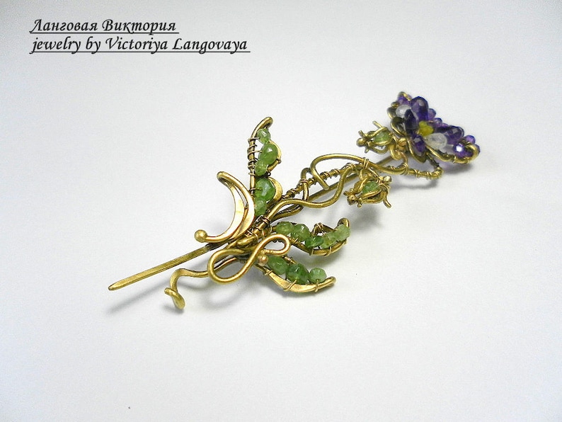 Unique handmade Pansy Brooch, Wire wrapped floral brooch, purple amethyst brooch, Art Nouveau Pansy brooch, pansy scarf pin,purple Pansy pin image 8