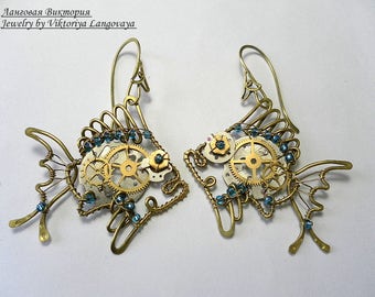 Steampunk Fish Earrings, Fish earrings, steampunk earrings, Clockwork earrings, Wire wrap earrings, Fish jewelry, Steampunk Gift for her