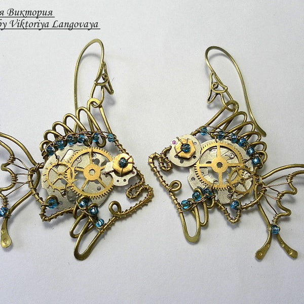 Steampunk Fish Earrings, Fish earrings, steampunk earrings, Clockwork earrings, Wire wrap earrings, Fish jewelry, Steampunk Gift for her