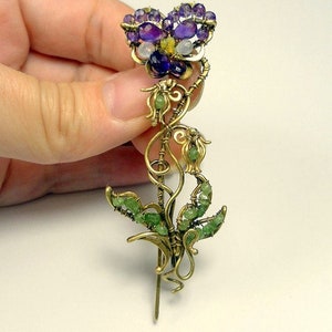 Unique handmade Pansy Brooch, Wire wrapped floral brooch, purple amethyst brooch, Art Nouveau Pansy brooch, pansy scarf pin,purple Pansy pin image 3