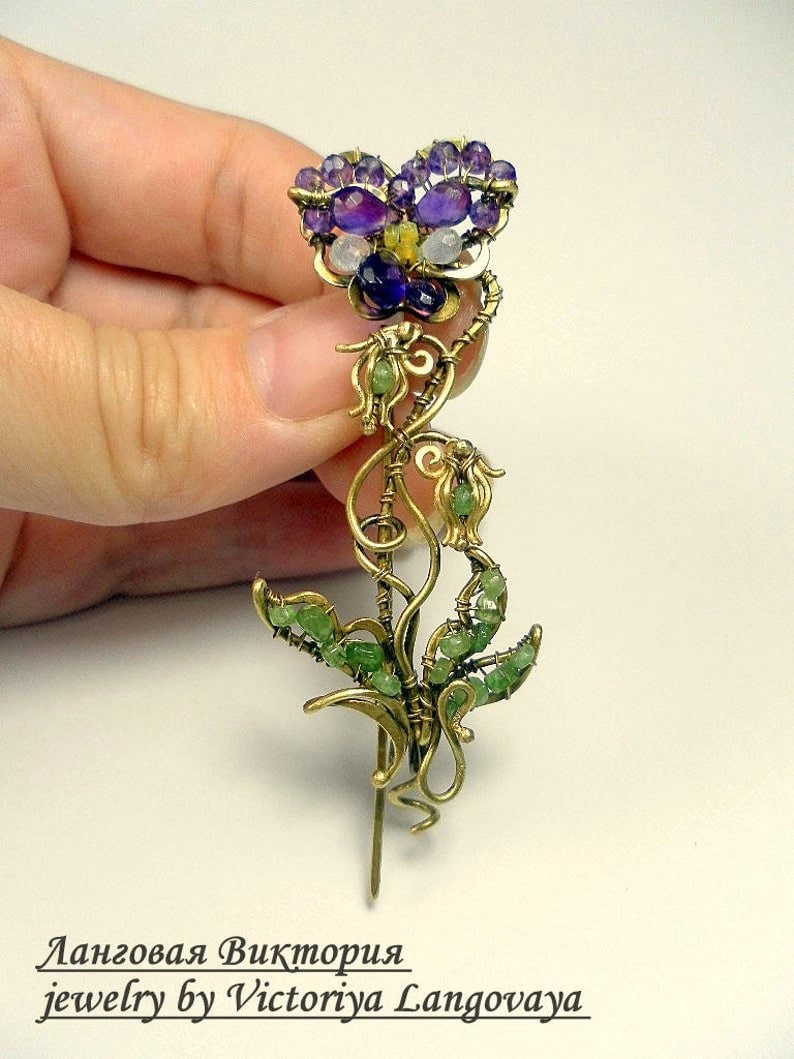 Unique handmade Pansy Brooch, Wire wrapped floral brooch, purple amethyst brooch, Art Nouveau Pansy brooch, pansy scarf pin,purple Pansy pin image 3