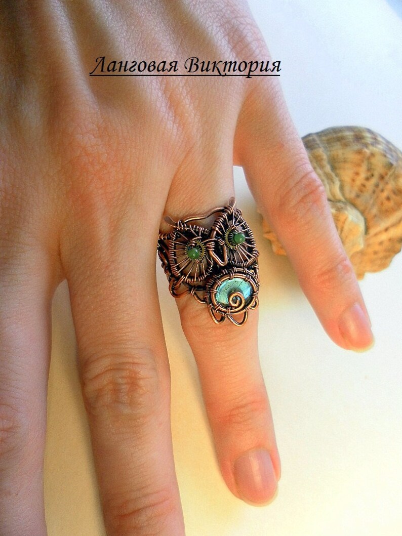 Steampunk owl ring, steampunk jewelry, wire wrap owl ring, copper owl jewelry, owl gift, handmade ring, adjustable ring, valentines gift image 1