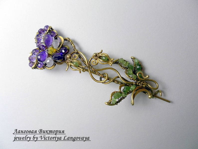 Unique handmade Pansy Brooch, Wire wrapped floral brooch, purple amethyst brooch, Art Nouveau Pansy brooch, pansy scarf pin,purple Pansy pin image 4