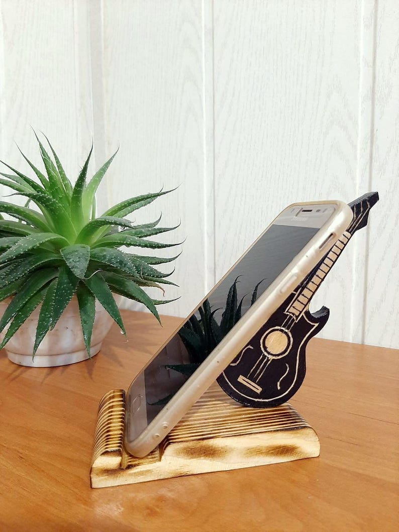Guitar Phone Stand: Handmade Wooden Desk Organizer, Gift for Guitarist image 1