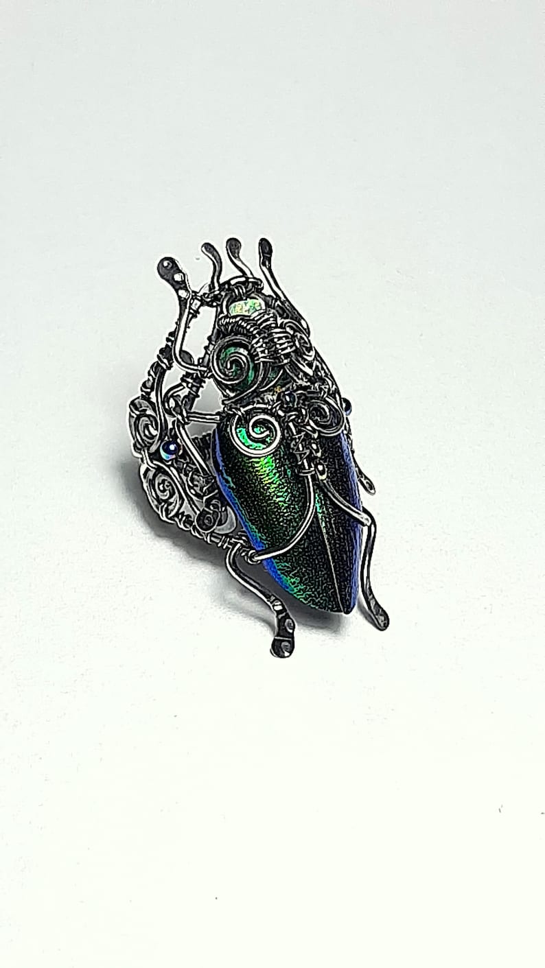 May include: A handcrafted, iridescent beetle pendant. The beetle's body is a vibrant mix of green, blue, and purple. It is encased in a detailed silver wire frame, with delicate antennae and legs. The pendant is set against a white background.