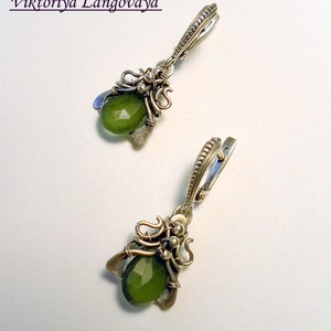 Silver earrings, London blue Topaz earrings, green serpentine silver earrings, unique Wrapped Earrings, Gemstone Earrings, gift for her image 10