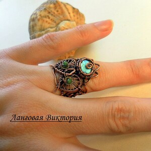 Steampunk owl ring, steampunk jewelry, wire wrap owl ring, copper owl jewelry, owl gift, handmade ring, adjustable ring, valentines gift image 2