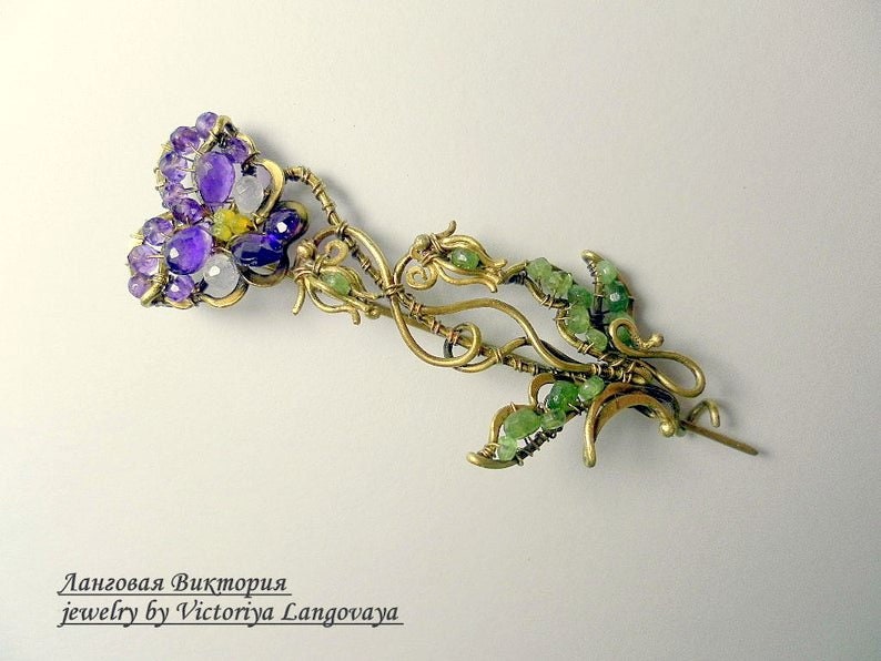Unique handmade Pansy Brooch, Wire wrapped floral brooch, purple amethyst brooch, Art Nouveau Pansy brooch, pansy scarf pin,purple Pansy pin image 2