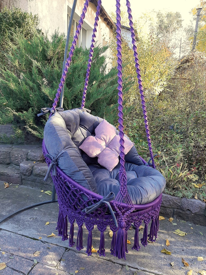 Hanging Macrame Chair Swing With Cushions Macrame Swing Etsy