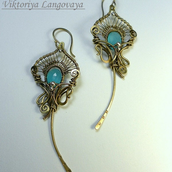 Elégantes boucles d’oreilles fil emballage bijoux, boucles d’oreilles uniques, longues boucles d’oreilles, boucles d’oreilles, boucles d’oreilles avec Pierre, cadeau pour elle, boucles d’oreilles.