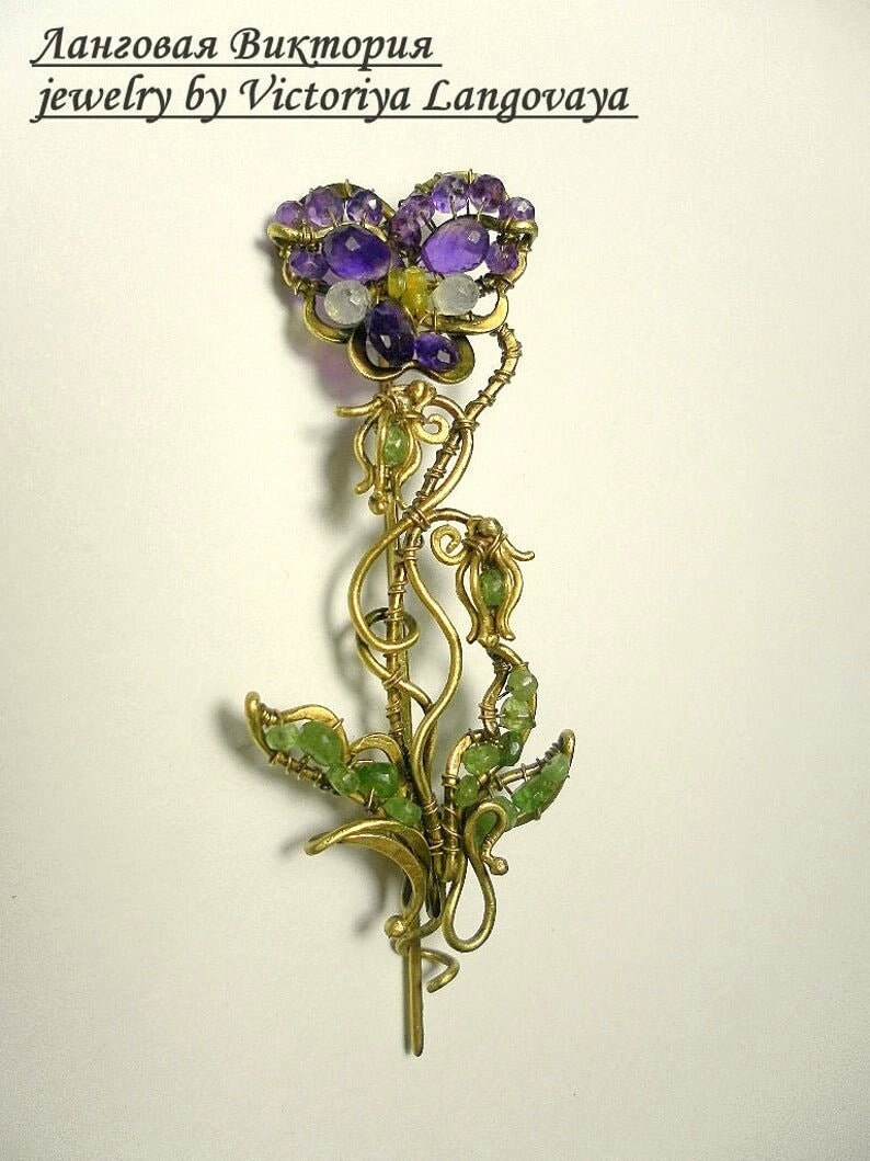 Unique handmade Pansy Brooch, Wire wrapped floral brooch, purple amethyst brooch, Art Nouveau Pansy brooch, pansy scarf pin,purple Pansy pin image 1