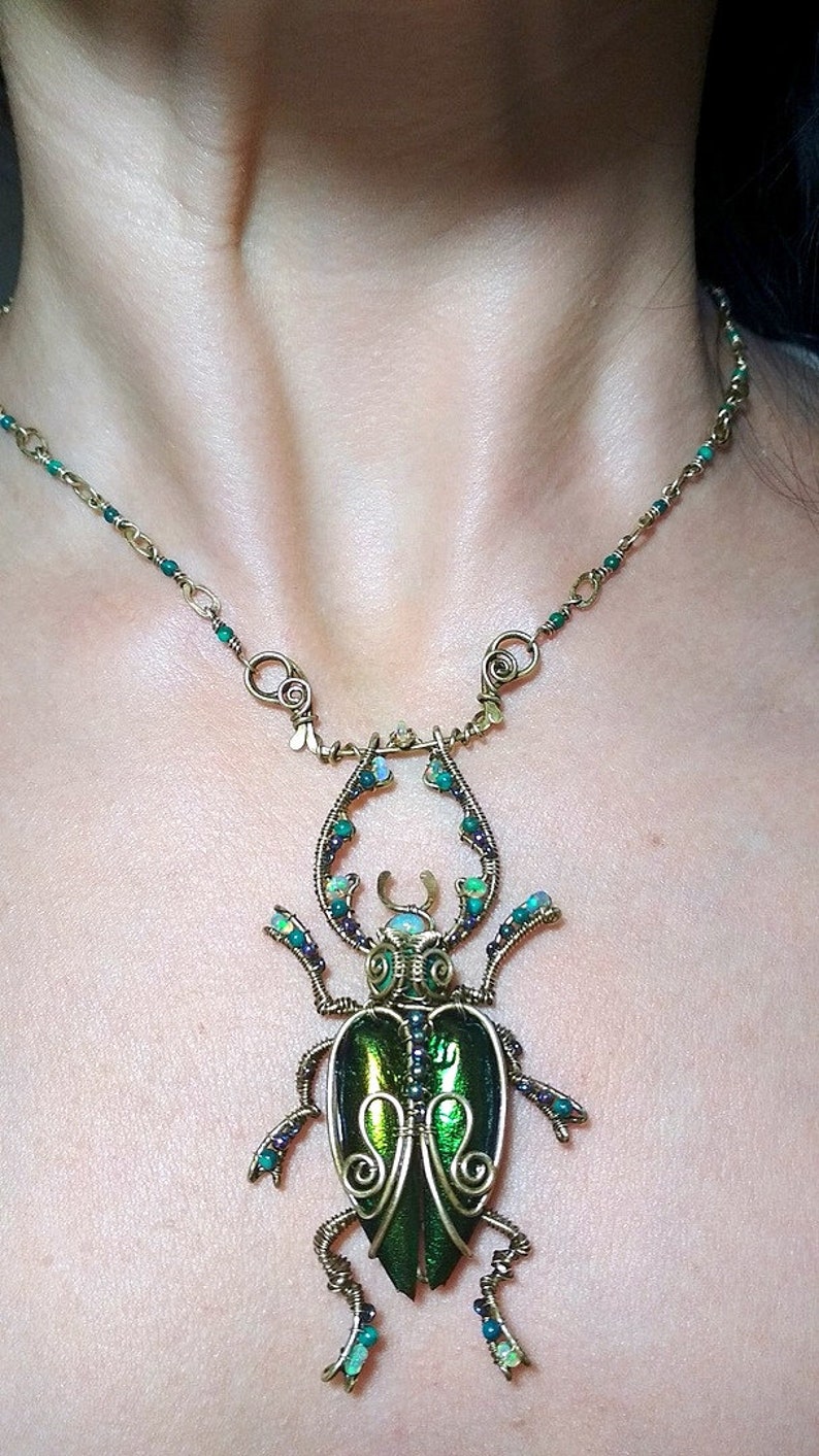 Beetle Pendant, wire wrap scarab jewelry, Insect jewelry. unique beetle pendant. scarab pendant, green scarab beetle, gift for her image 8