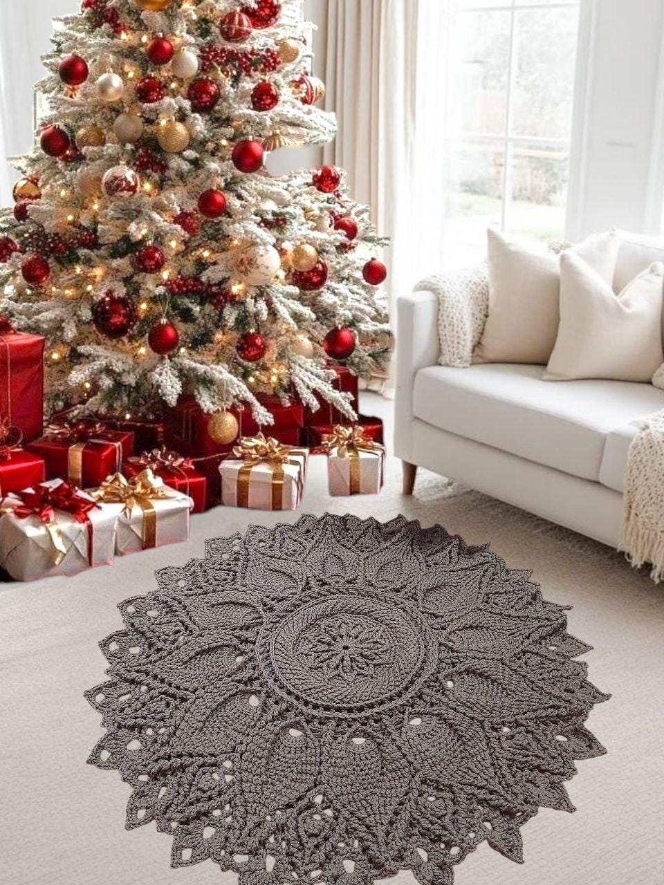 Runder gehäkelter Teppich, Kakaofarbe, Teppich - große voluminöse Blume, gemusterter Rand, 145 cm- Durchmesser, Polyesterkordel - 5 mm.