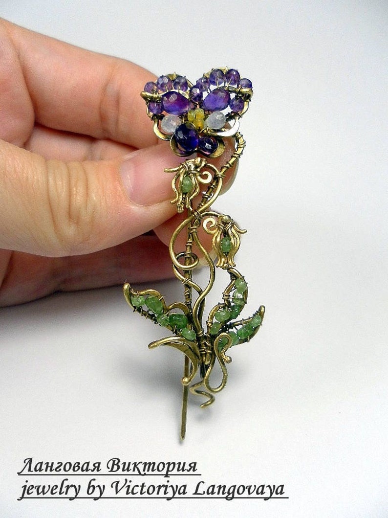 Unique handmade Pansy Brooch, Wire wrapped floral brooch, purple amethyst brooch, Art Nouveau Pansy brooch, pansy scarf pin,purple Pansy pin image 6