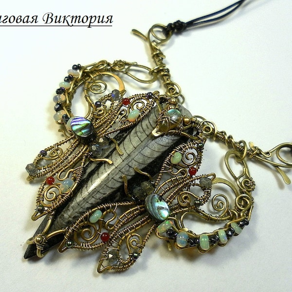 Orthoceras fossil necklace, large Dragonfly Necklace, pendant wire wrap jewelry, dragonfly pendant, Abalone shell pendant, gift for her