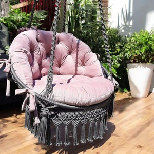 Comfortable, cozy hanging hammock chair, macrame butterfly pattern on the back, chic, large pillows, Outdoor Garden swing, unique gift