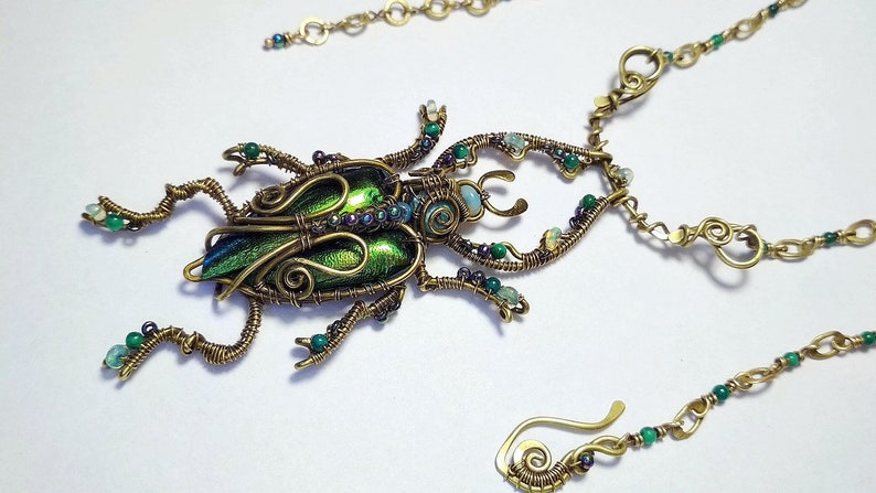 Beetle Pendant, wire wrap scarab jewelry, Insect jewelry. unique beetle pendant. scarab pendant, green scarab beetle, gift for her image 5