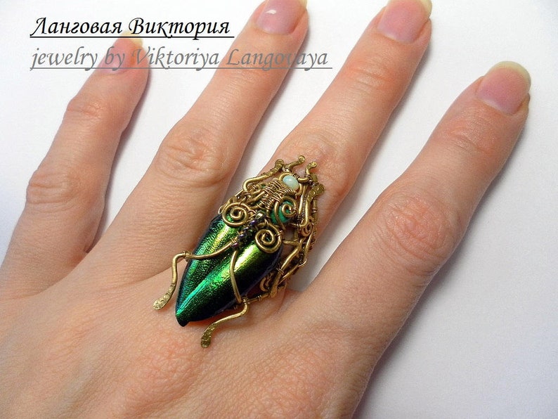 May include: A unique, handcrafted ring featuring a vibrant green beetle wing encased in intricate gold-toned wirework. The ring's design includes delicate swirls and embellishments, creating a statement piece. The ring is a piece of jewelry by Viktoriya Langosaya.