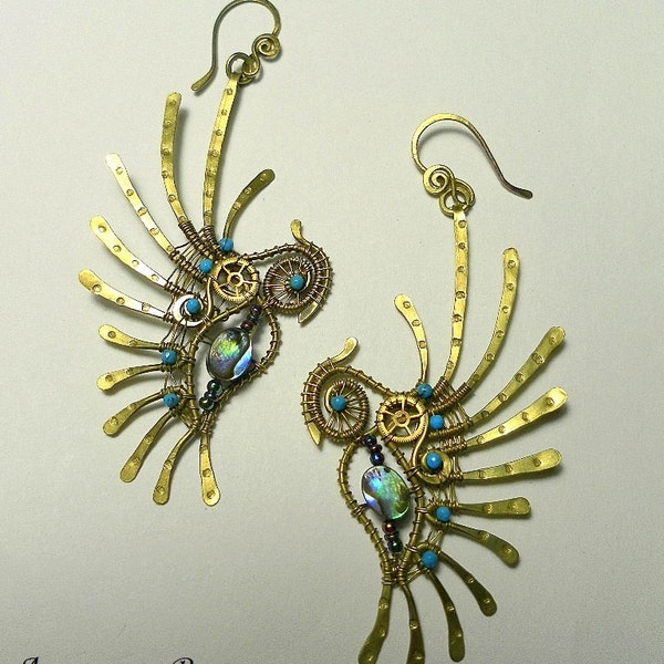 Steampunk Earrings birds, Steampunk jewelry, owl jewelry, Steampunk birds, Steampunk gift for her, abalone earrings, Paua shell earrings